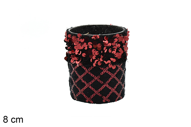 Portacandele in vetro decorato con paillettes rosso/nere 8 cm