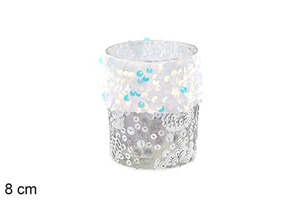 Portavela cristal decorada lentejuelas blanco/plata 8 cm