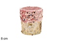 Bougeoir en verre décoré de paillettes dorées/roses 8 cm