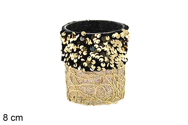 [206502] Bougeoir en verre décoré de paillettes dorées/noires 8 cm
