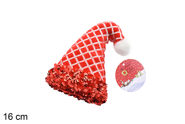 [206542] Ciondolo cappello decorato con paillettes rosse 16 cm