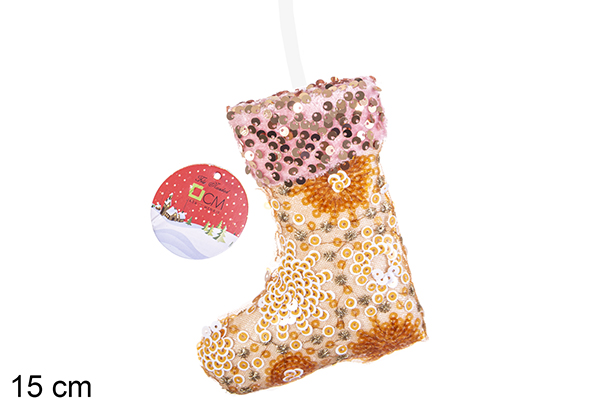 Colgante bota decorado lentejuelas oro/rosa 15 cm