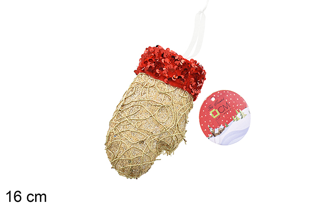 Pendentif gant décoré de paillettes dorées/rouges 16 cm