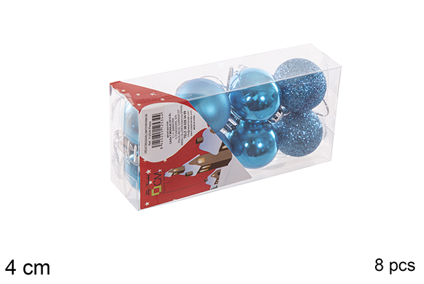 Pack 8 turquoise shiny/matte/glitter bauble 4 cm