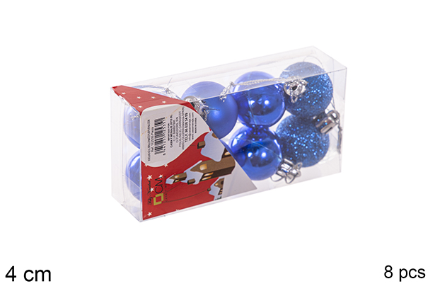 Pack 8 blue shiny/matte/glitter bauble 4 cm