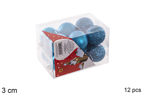 Pack 12 boules turquoise brillantes/mates/à paillettes 3 cm