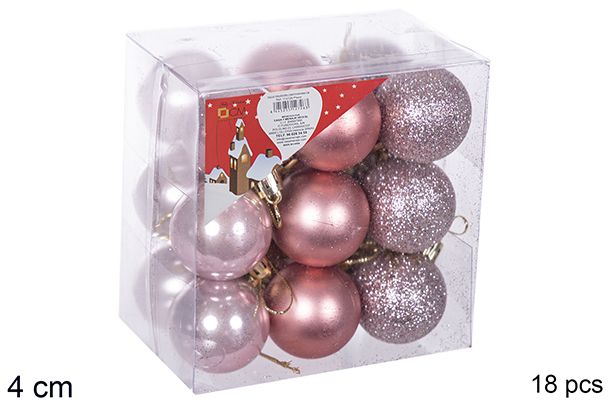 Pack 18 bolas oro rosa brillo/mate/purpurina 4 cm