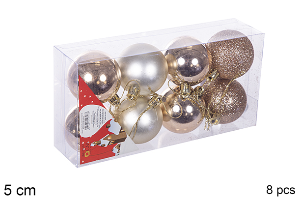 Pack 8 bolas champagne brillo/mate/purpurina 5 cm