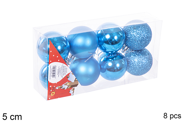 Pack 8 boules turquoise brillantes/mates/à paillettes 5 cm