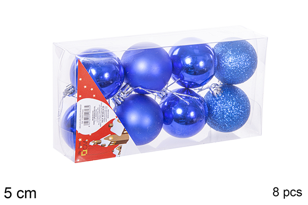 Pack 8 blue shiny/matte/glitter bauble 5 cm