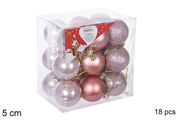 Pack 18 bolas oro rosa brillo/mate/purpurina 5 cm