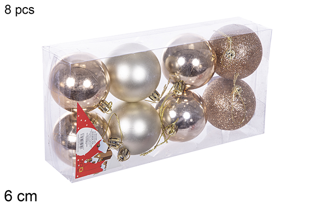 Pack 8 bolas champanhe brilhantes/foscas/glitter 6 cm