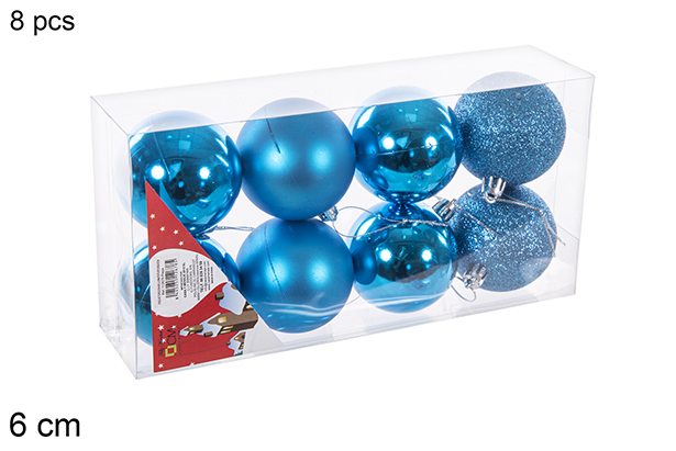 Pack 8 boules turquoise brillantes/mates/à paillettes 6 cm