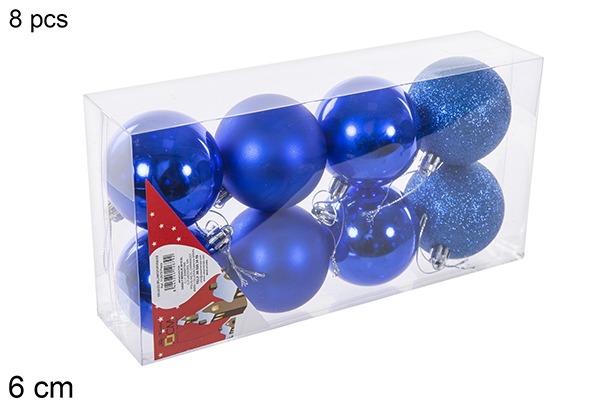 Pack 8 blue shiny/matte/glitter bauble 6 cm