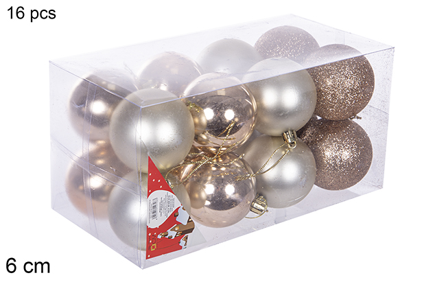 Pack 16 bolas champagne brillo/mate/purpurina 6 cm