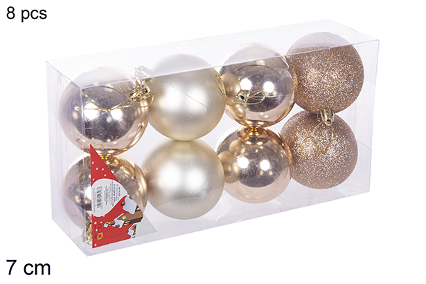 Pack 8 boules champagne brillantes/mates/à paillettes 7 cm
