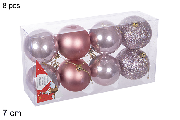Pack 8 rose gold shiny/matte/glitter bauble 7 cm