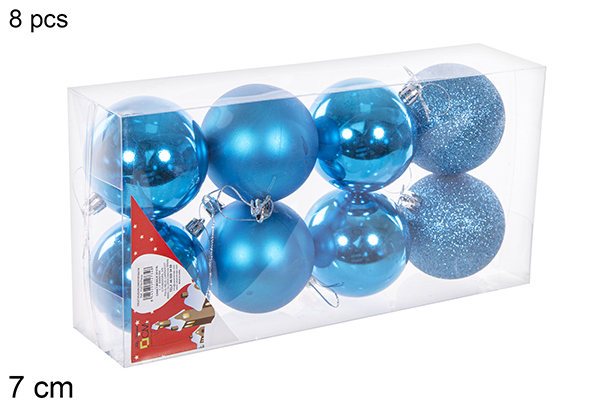 Pack 8 boules turquoise brillantes/mates/à paillettes 7 cm