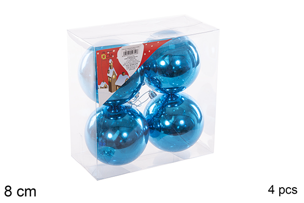 Pack 4 boules turquoise brillantes 8 cm