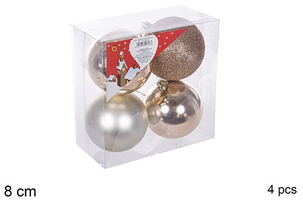 Pack 4 boules champagne brillantes/mates/à paillettes 8 cm