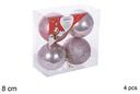 Pack 4 bolas oro rosa brillo/mate/purpurina 8 cm