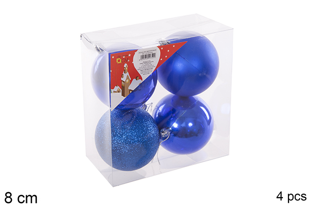Pack 4 boules bleues brillantes/mates/à paillettes 8 cm