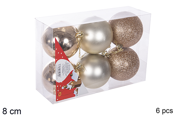 Pack 6 bolas champanhe brilhantes/foscas/glitter 8 cm