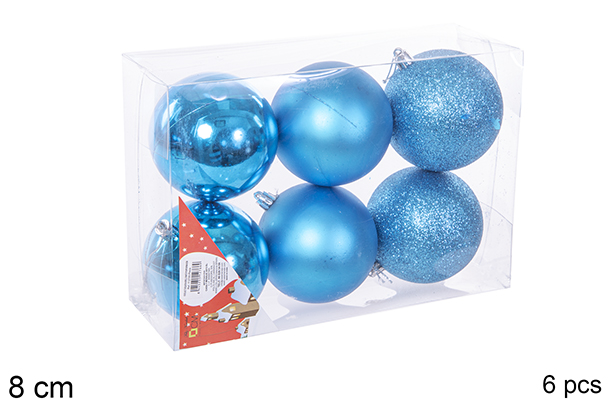 Pack 6 palline turchese lucide/opache/glitterate 8 cm