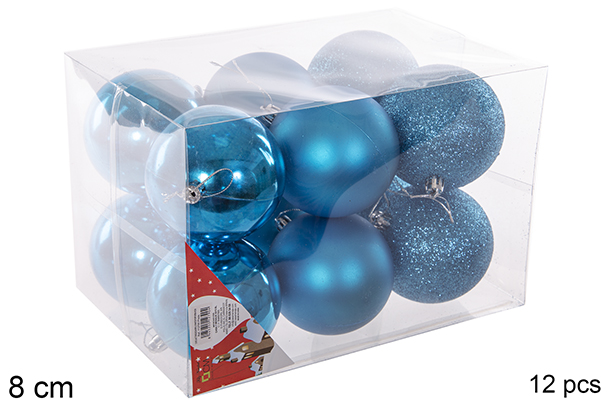 Pack 12 bolas turquesas brilhantes/foscas/glitter 8 cm