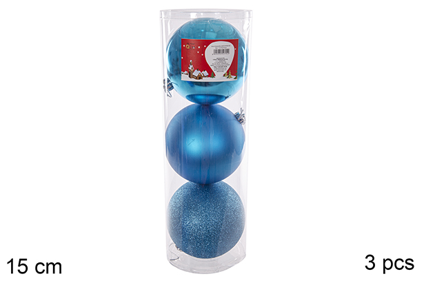 Pack 3 shiny/matte/glitter turquoise bauble 15 cm 