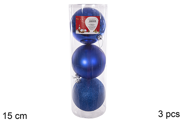 Pack 3 shiny/matte/glitter blue bauble 15 cm