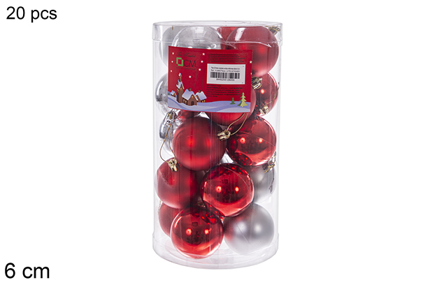 Pack 20 bolas roja/plata surtidas brillo/mate  cilindro 6 cm