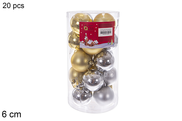 Pack 20 bolas ouro/prata brilhantes/foscas sortidas cilindro 6 cm 