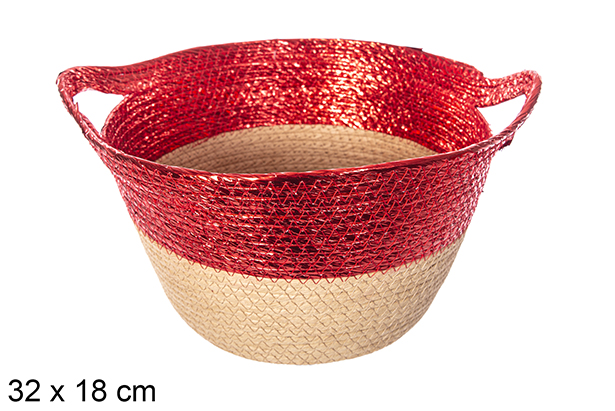Cestino in corda di carta lucida naturale/rossa con manico 32x18 cm