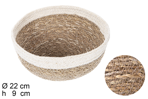 Bol rond en jonc de mer avec bord en jute vert 22x9 cm