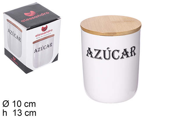 White ceramic kitchen jar with bamboo lid azúcar