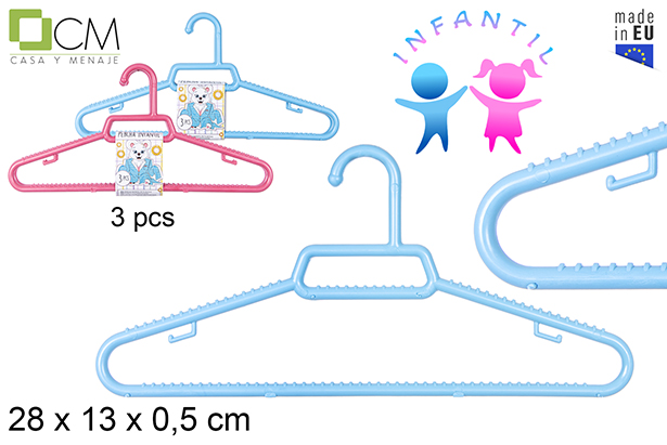 Pack 3 perchas plástico infantil colores surtidos