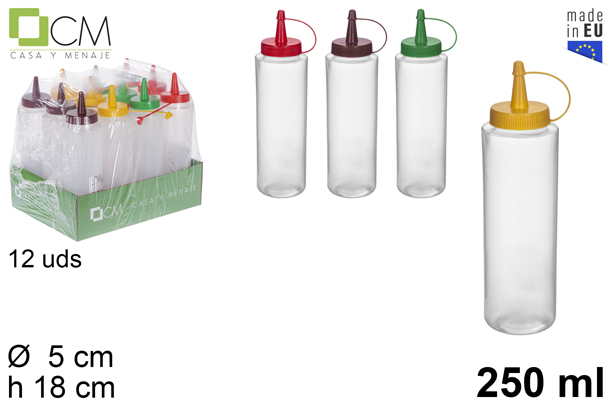 Bouteille de sauce en plastique transparent avec couvercle de couleur assortie 250 ml