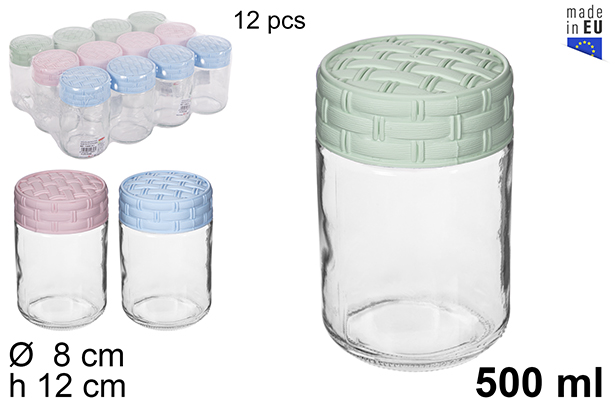 [114656] Pot en verre vec couvercle en rotin couleurs pastels 500 ml