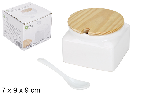 Açucareiro quadrado cerâmica branco com colher e tampa de madeira