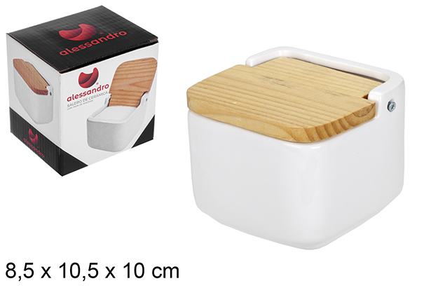 [110801] Salière en céramique blanche avec couvercle en bois