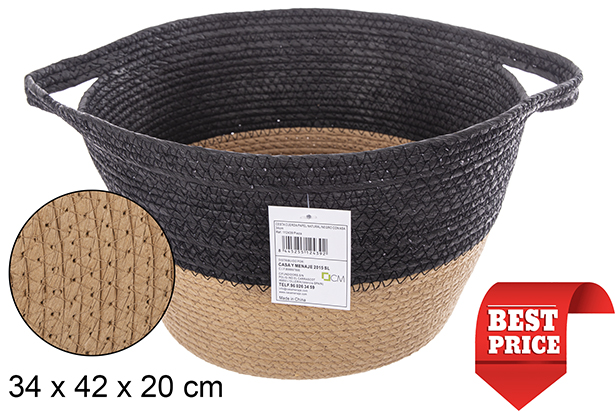 Cesta cuerda papel natural/negro con asa 34 cm