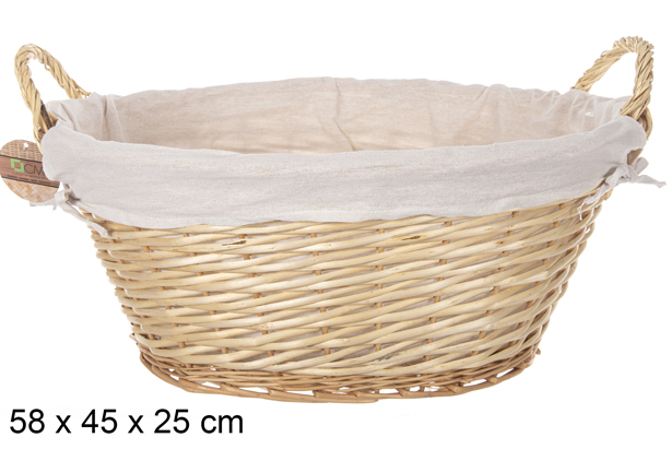 Cesto oval em vime com alças em cor natural e tecido 58x45 cm