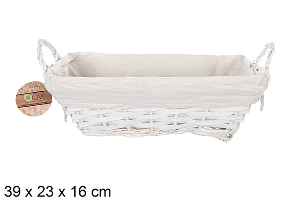 Rectangular wicker basket with white handles with fabric 39x23 cm