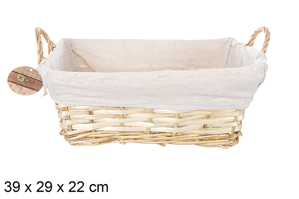 Cesta mimbre rectangular con asas color natural con tela 39x29 cm