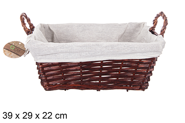 [112912] Panier rectangulaire en osier avec anses en acajou et tissu 39x29 cm