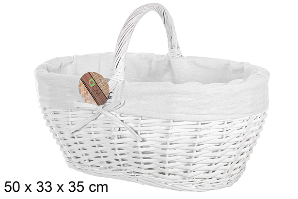 Cesta mimbre ovalada con asa color blanco con tela 50x33 cm