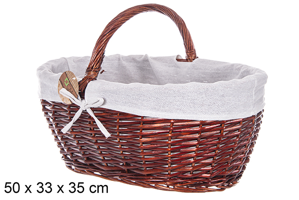[112873] Cesto ovale in vimini con manico in mogano con tessuto 50x33 cm