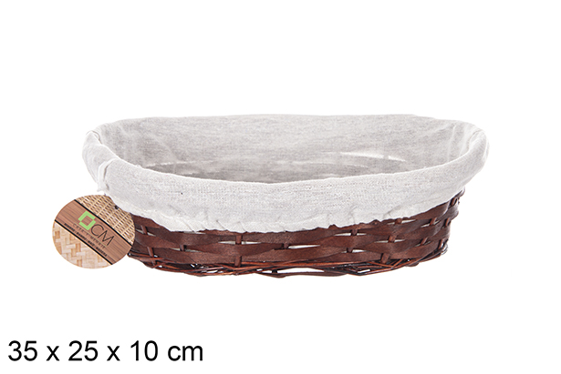[112876] Panier ovale en osier acajou et tissu 35x25 cm