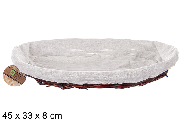 [112879] Panier ovale en osier acajou et tissu 45x33 cm